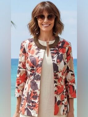 Lane Bryant Women's Orange & Brown Floral Print Lightweight Peplum Blazer Sz 14
